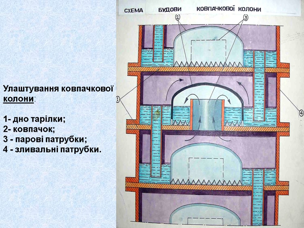 Улаштування ковпачкової колони: 1- дно тарілки; 2- ковпачок; 3 - парові патрубки; 4 -